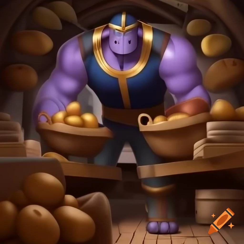 Thanos in casual clothing selling potatoes at rustic marketplace