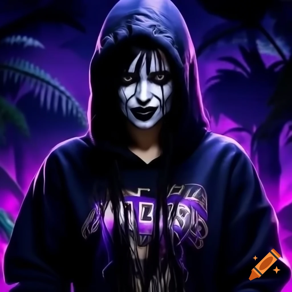 Female wrestler in black hoodie with sinister grin in tropical rainforest under dramatic purple sky