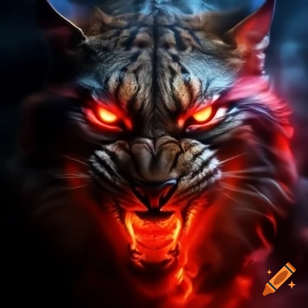 Crimson-eyed lynx spirit rising from red mist with smoke wisps