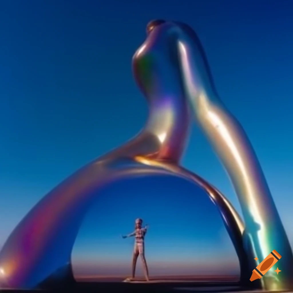 Pop surreal 2000's photography featuring iridescent statue in bright sky