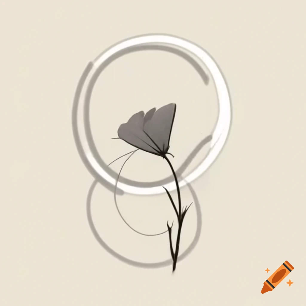 Stylized minimalist illustration of taijitu flower stem with dark-grey blossom and white-tipped petals