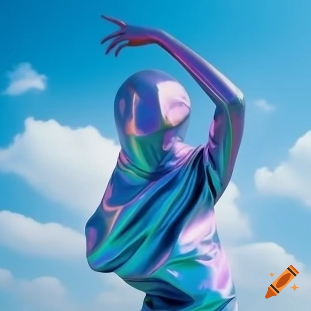Iridescent statue against bright sky in pop surreal 2000's style