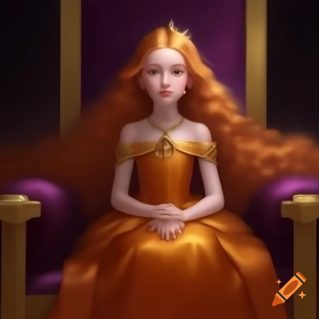 Young empress with red hair in orange and gold dress seated on golden throne