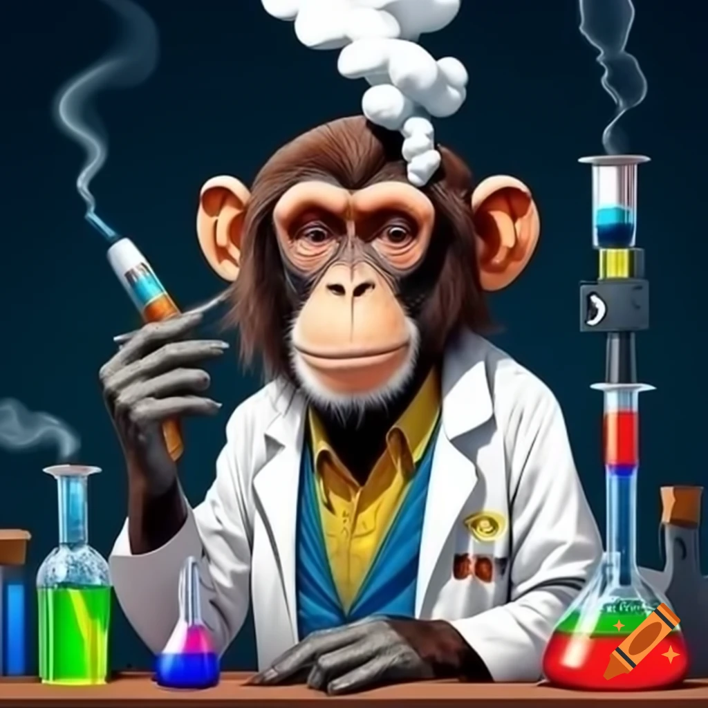 Hippie scientist monkey in laboratory creating vape potions