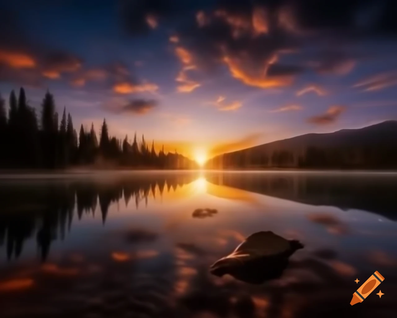 Photorealistic landscape of mountain lake with island and sun rays
