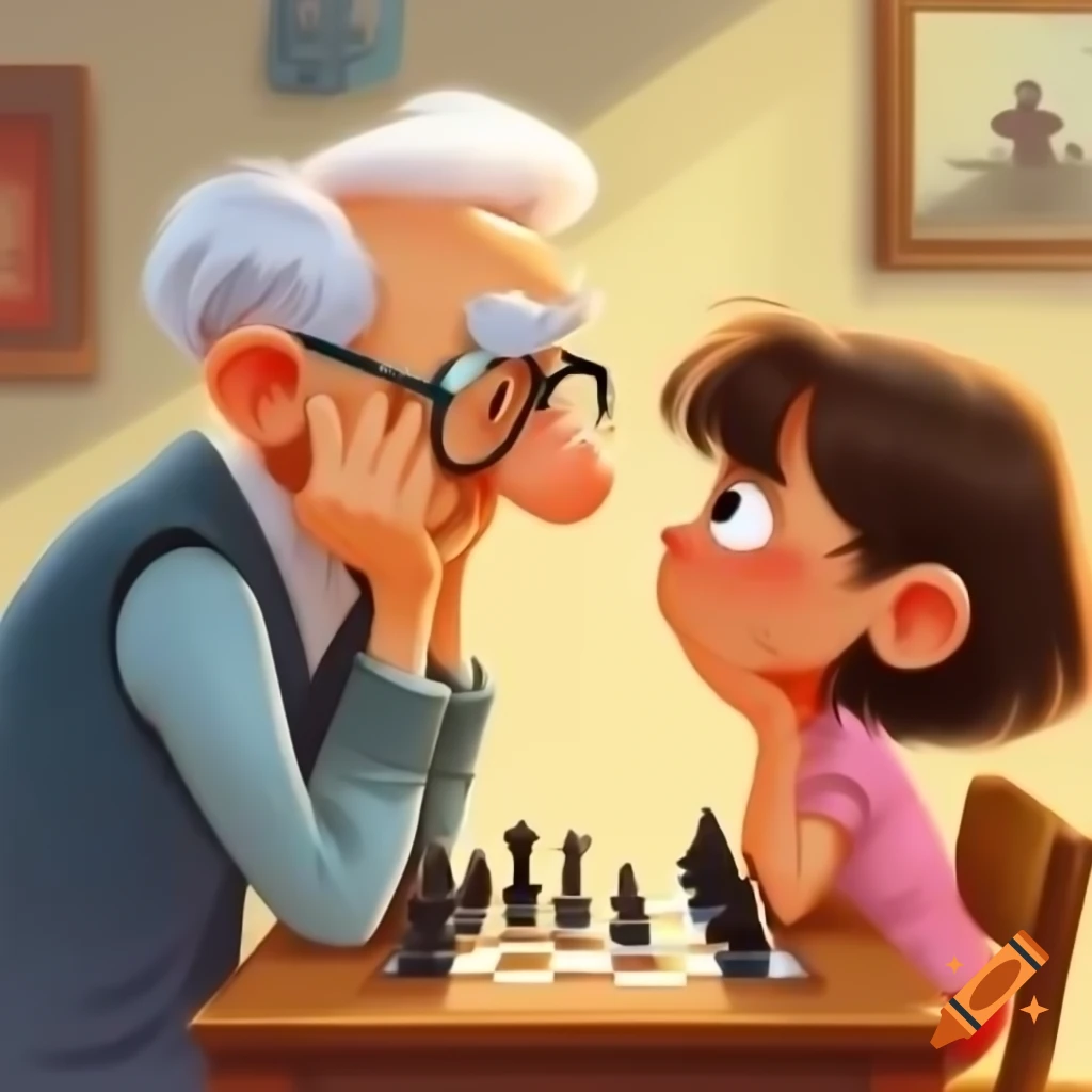 Bored grandfather and giggling girl playing chess in cartoon anime style