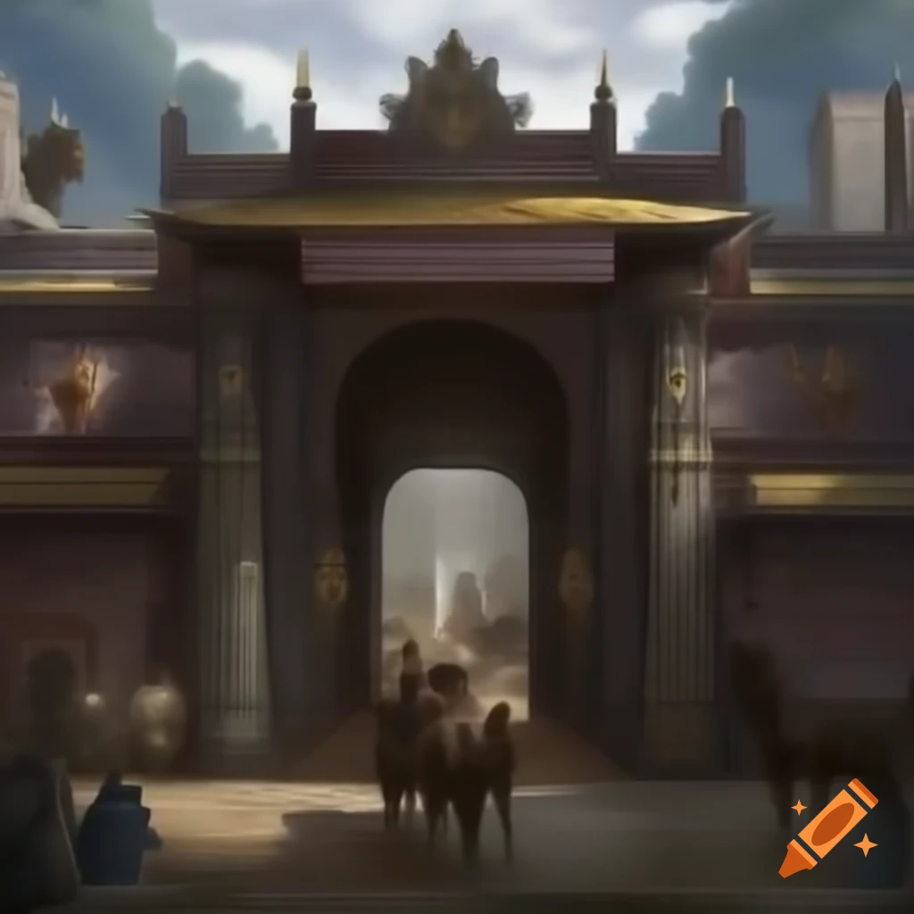 Grand village entrance with ornate decorations and luxurious carriage