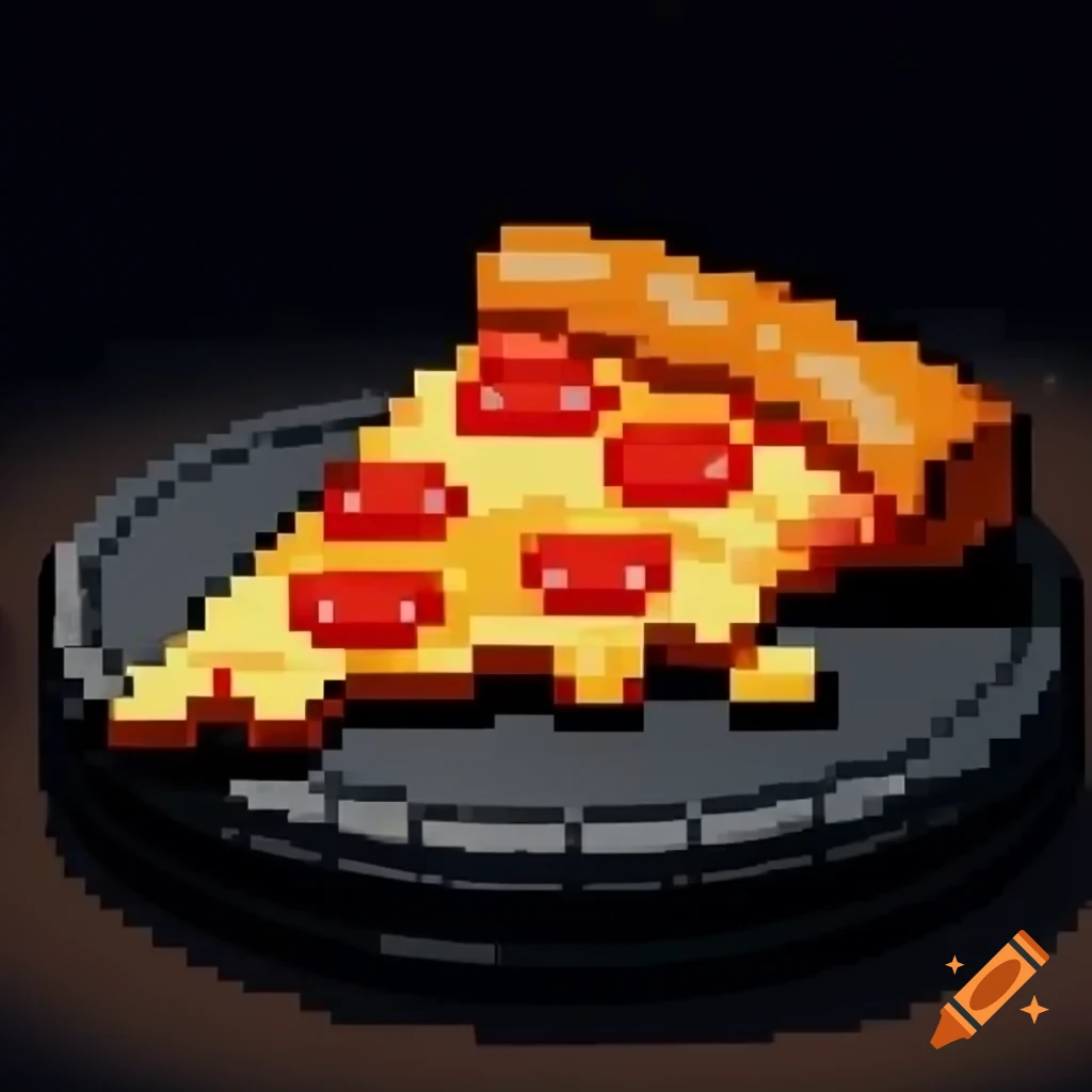 8-bit pixel art pizza slice on black background