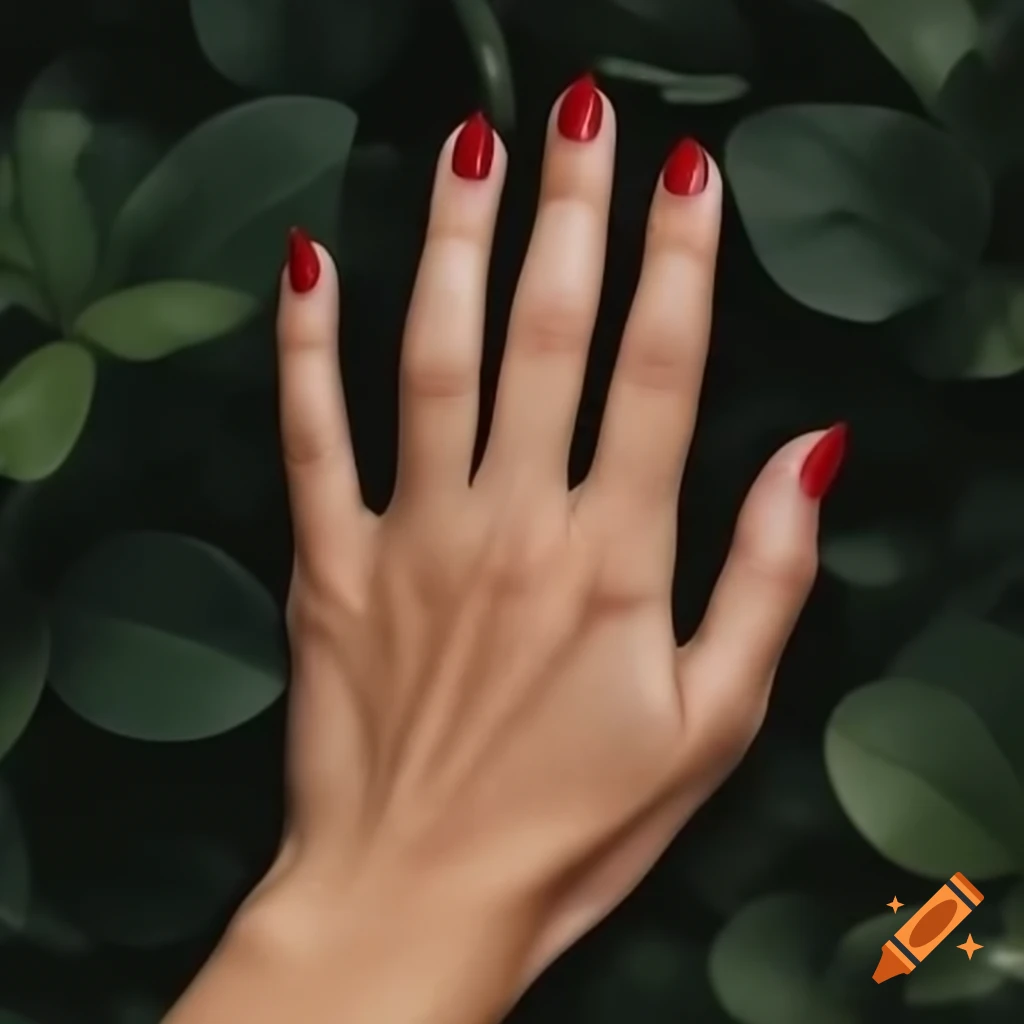 Close-up of woman's hand with red natural nails against dark greenery
