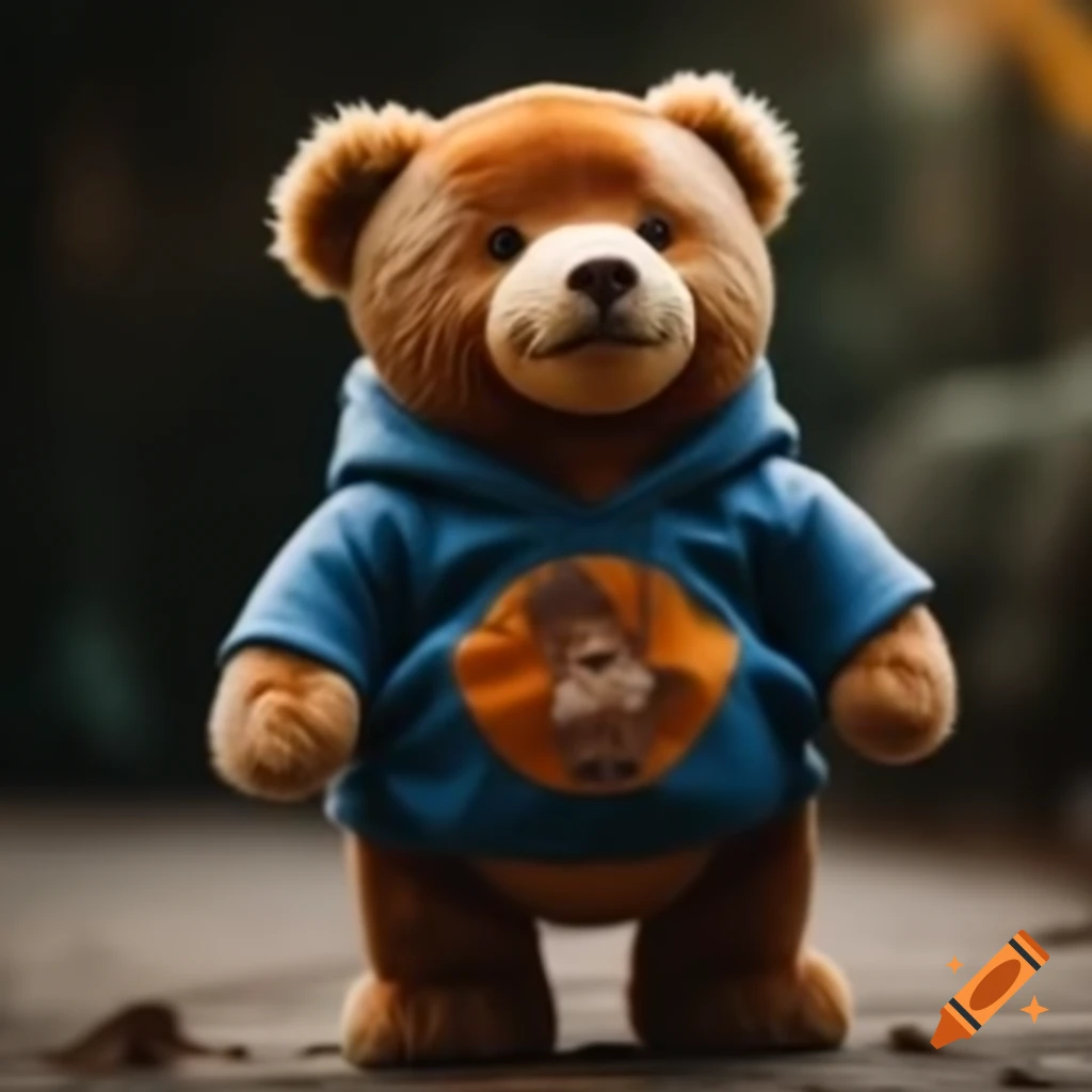 Furry teddy bear wearing sweatshirt, standing and looking cute