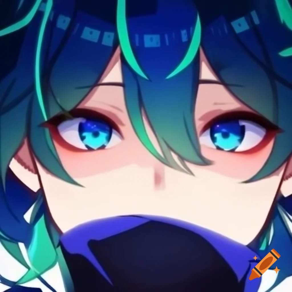 Anime character with blue-green hair and blue eyes, sweet expression