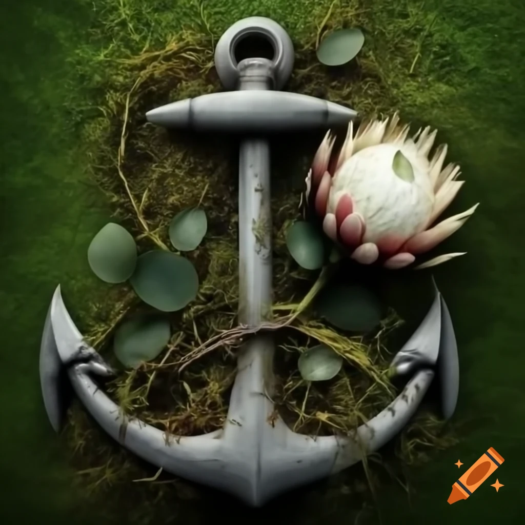 Weathered anchor overgrown with plants and transformed rose into South African Protea