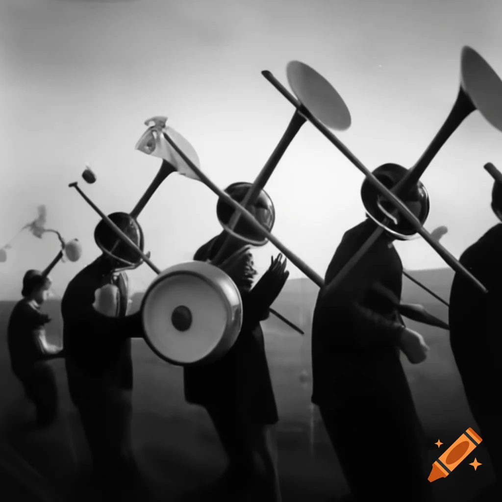Five people playing different wind instruments