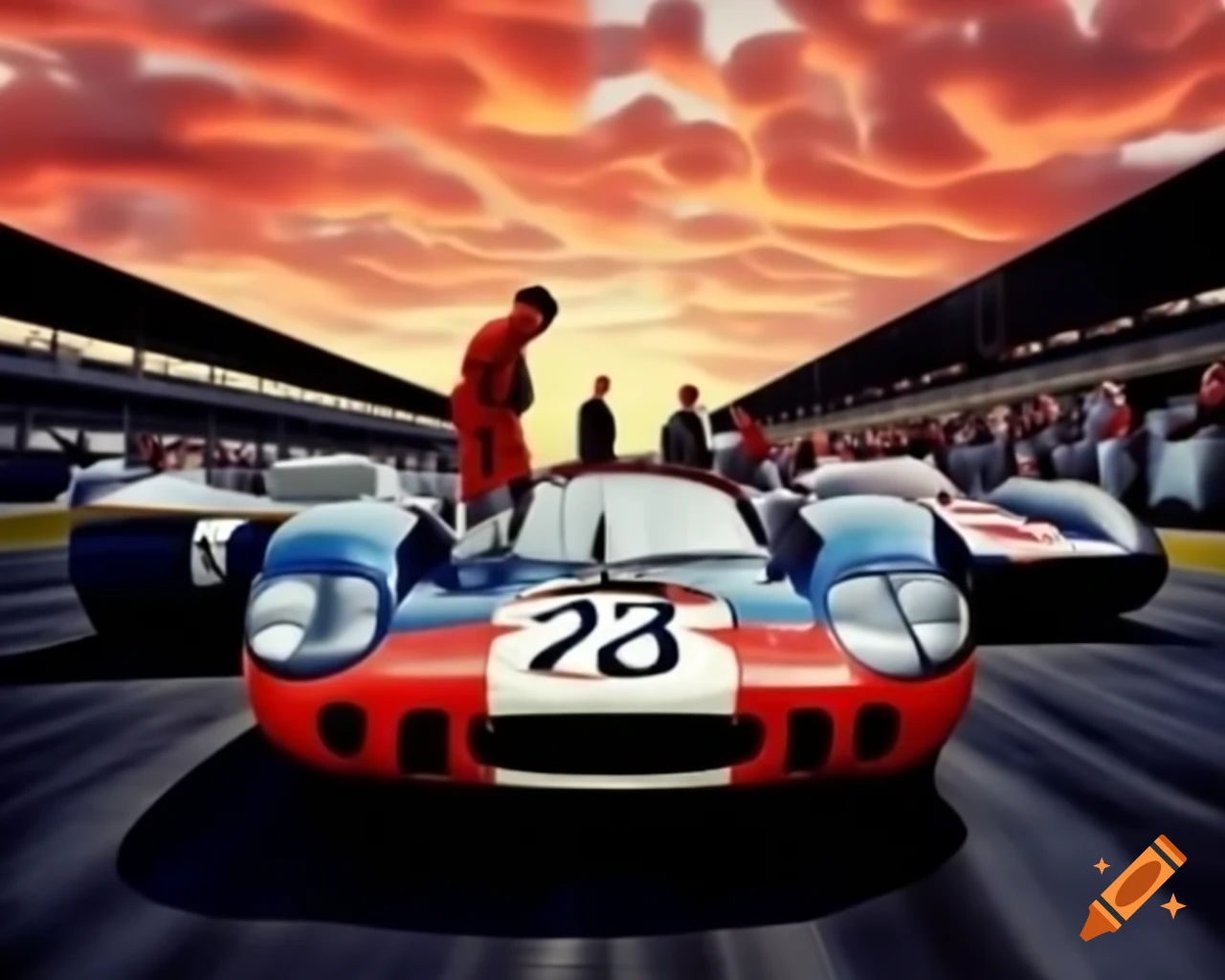 Vintage Porsche 917 and Ford GT40 at Indy Grand Prix finish line with spectators