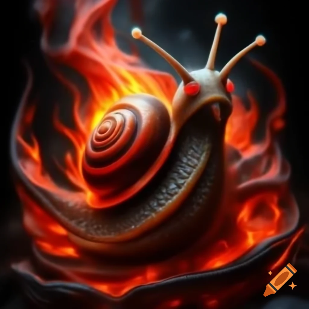 Photorealistic glowing snail with fiery red eyes in swirling red flames vortex