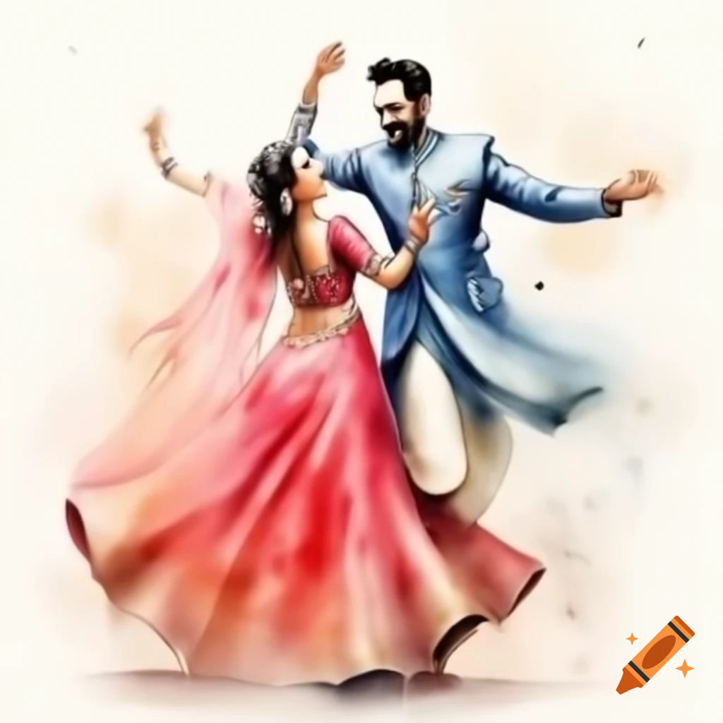 Realistic watercolor illustration of Indian sangeet couple dancing