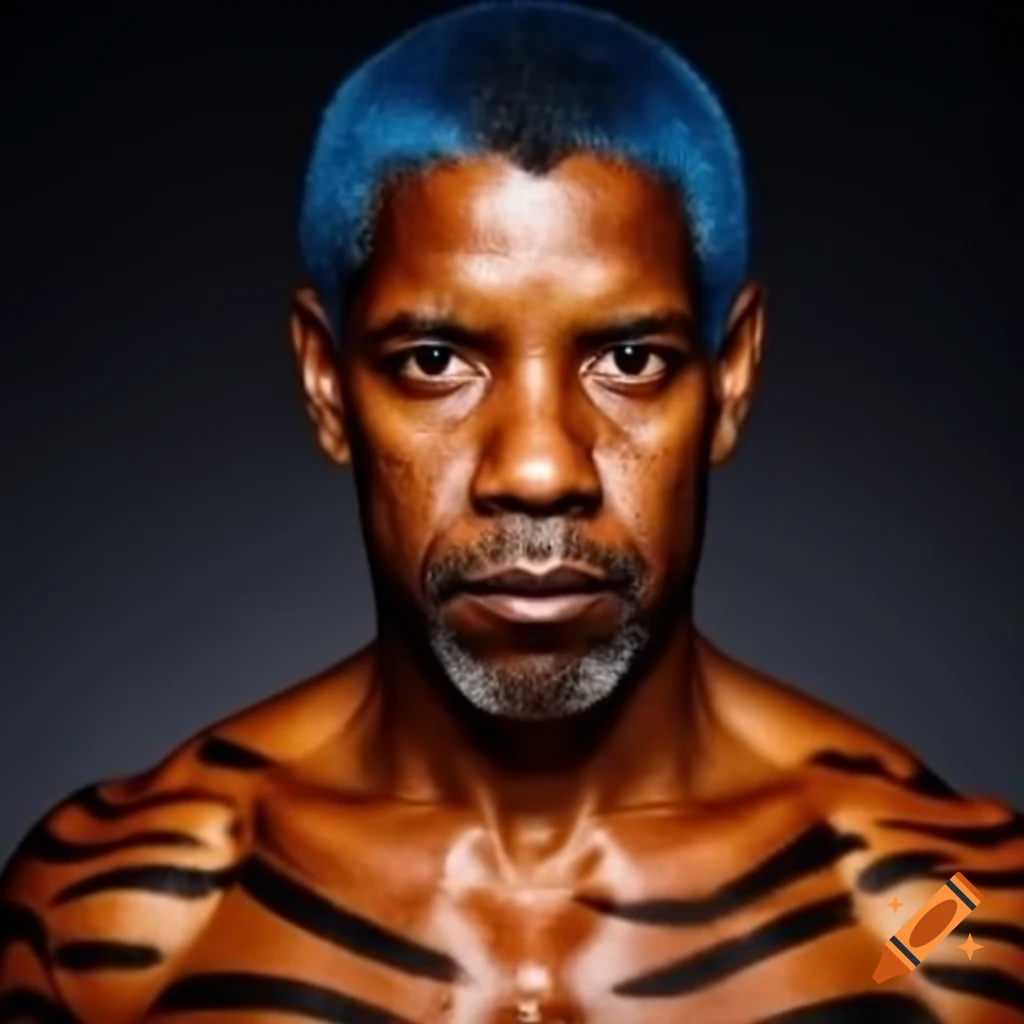 Muscular person with tiger-style makeup featuring blue hair and orange skin