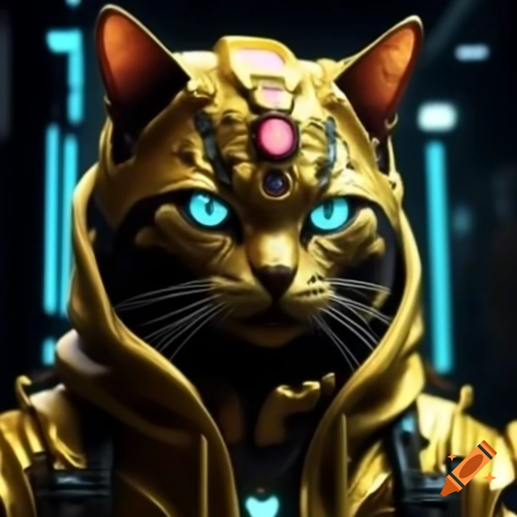 Glowing gold evil cat god in cyberpunk style