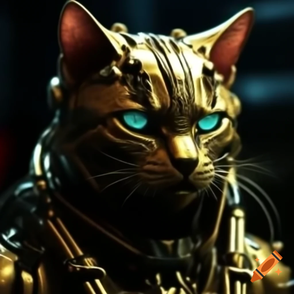 Glowing gold evil cat god in cyberpunk style