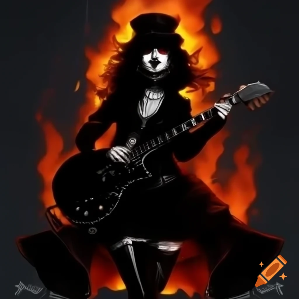 Silhouette of woman in goth outfit playing electric guitar surrounded by flames, artistic drawing