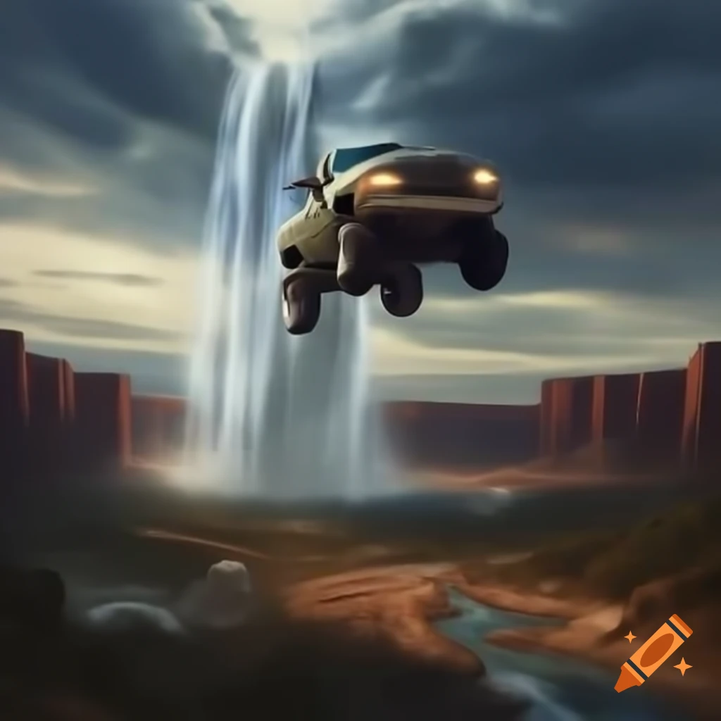 Pickup truck falling from the sky in a surreal scene