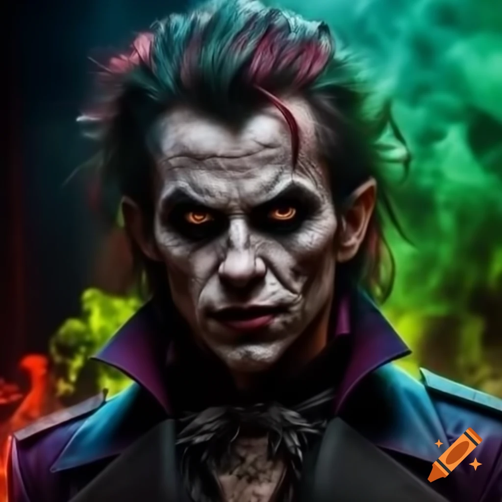 Psychedelic vampire with piercings and green smoke background, realistic style