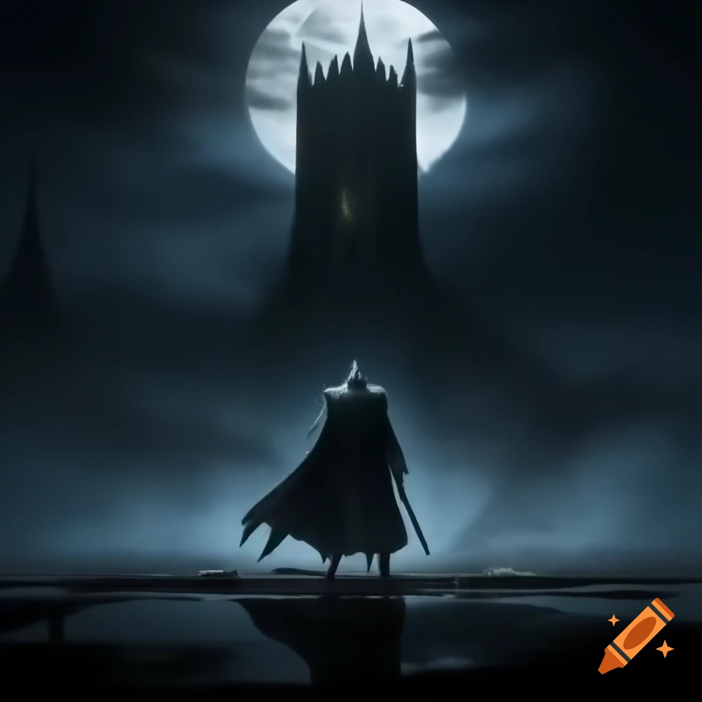 Knight facing dark tower in foggy night with shining moon