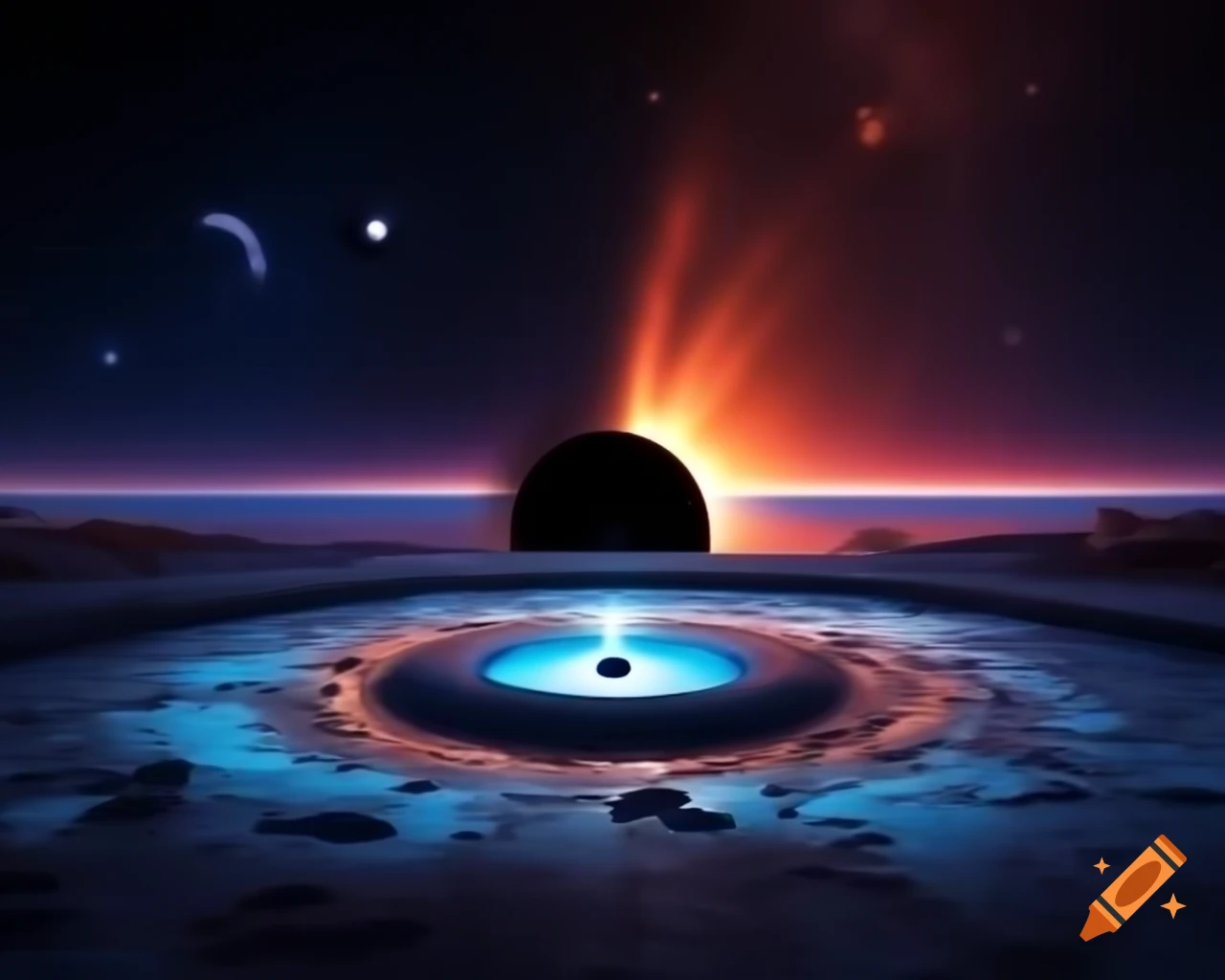Hyperrealistic black hole in space scene with stars and blue-orange rim lights