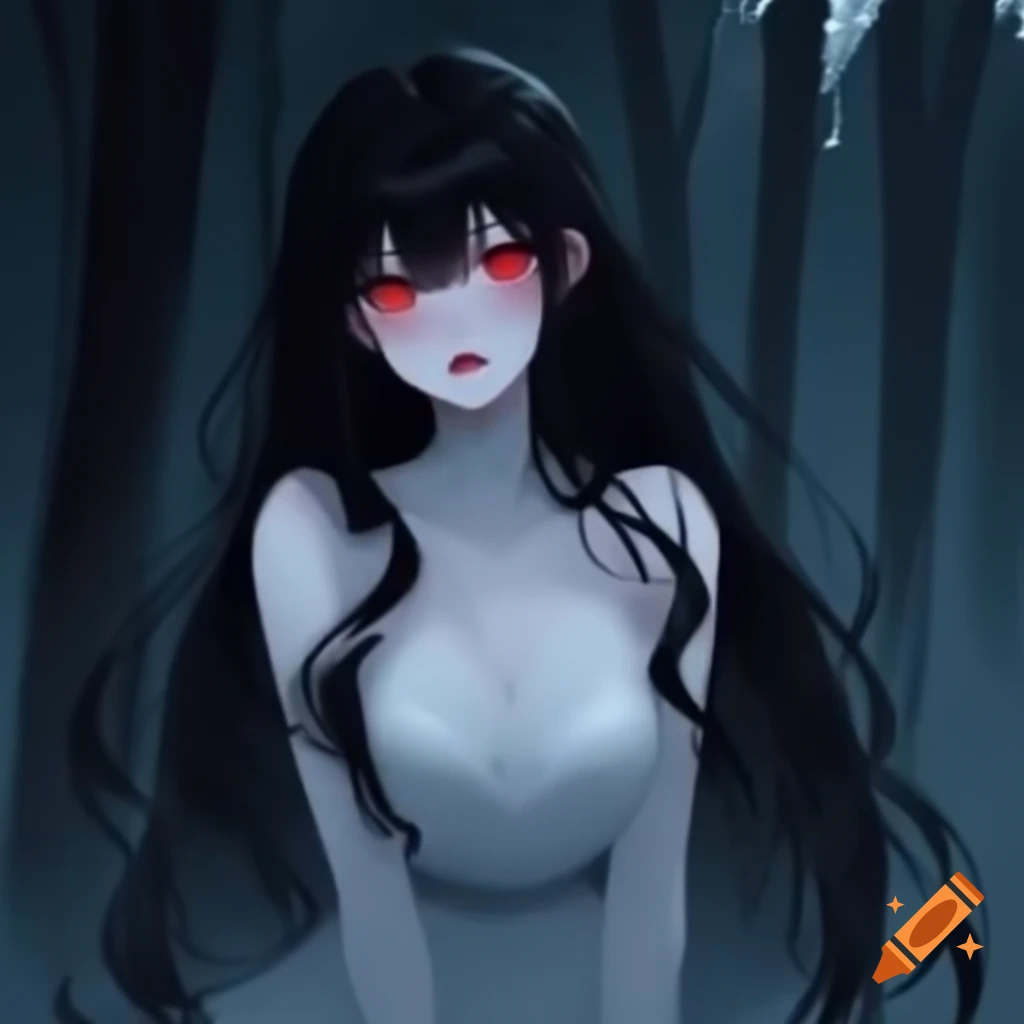 Anime ghost woman with long black hair and red eyes in white dress amidst dark rainy forest