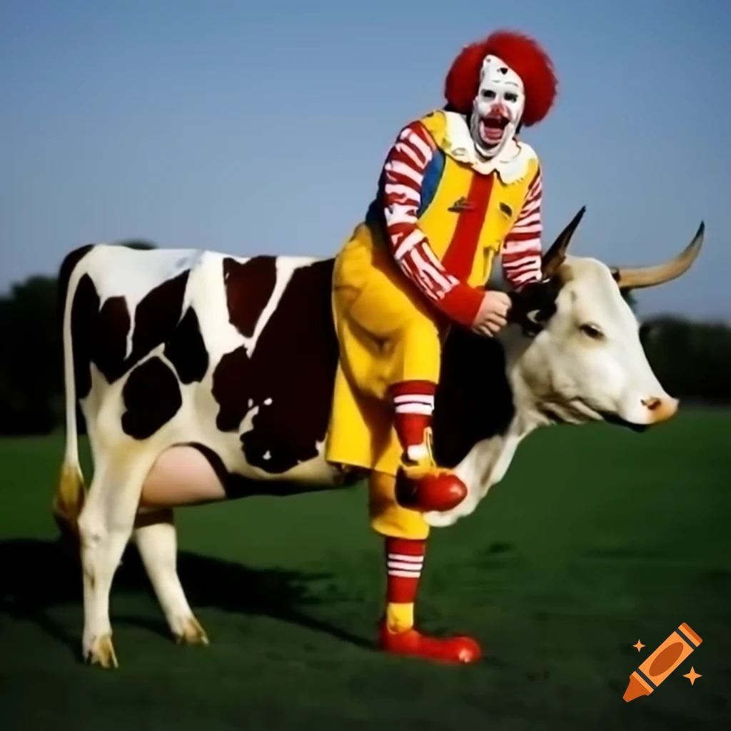 Hassan Nasrallah in Ronald McDonald costume riding a cow in a field with McDonald's styled letter H