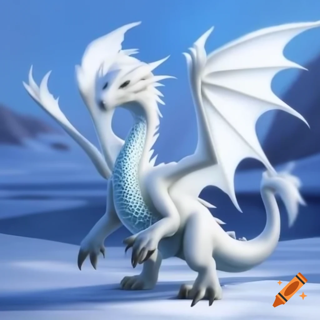 White dragon with head feathers standing in frozen tundra