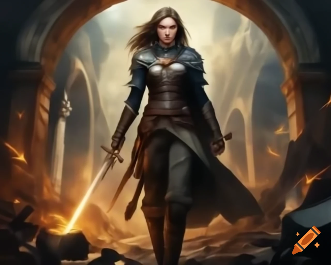 Adventurer in leather doublet entering Alexandria's Ancient Library through archway