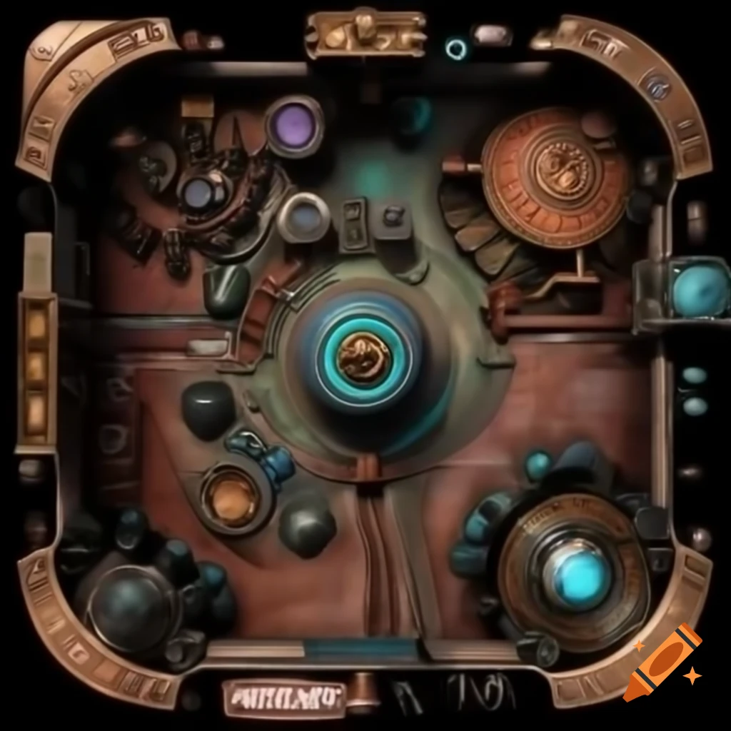 Interior of an intricate mystical machine with brass, copper, wires, and crystals