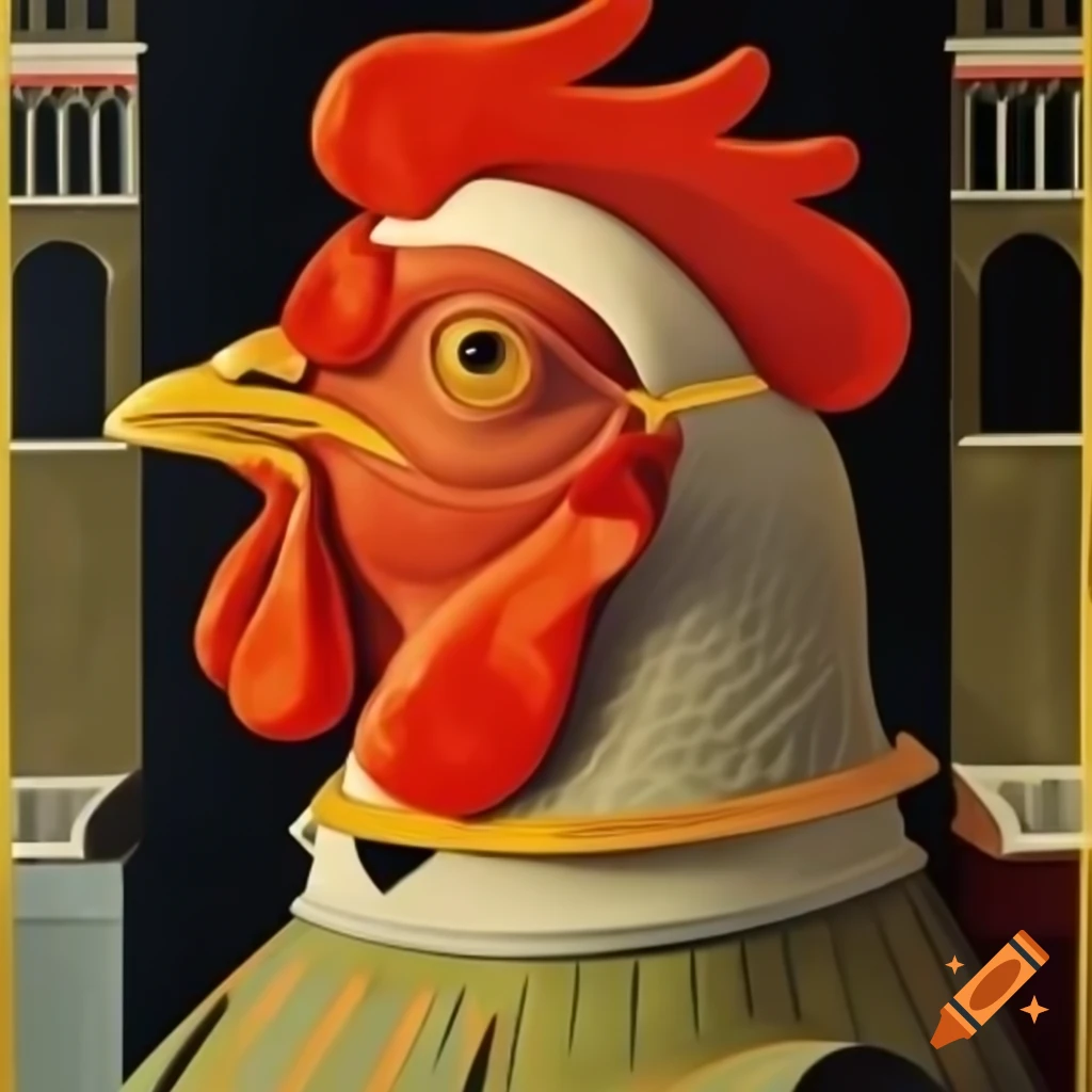 Stylized chicken portrait in Renaissance style with balcony background