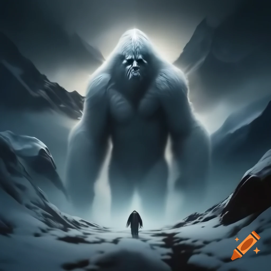 Eerie Himalayan landscape with shadowy Yeti and large footprints in snow