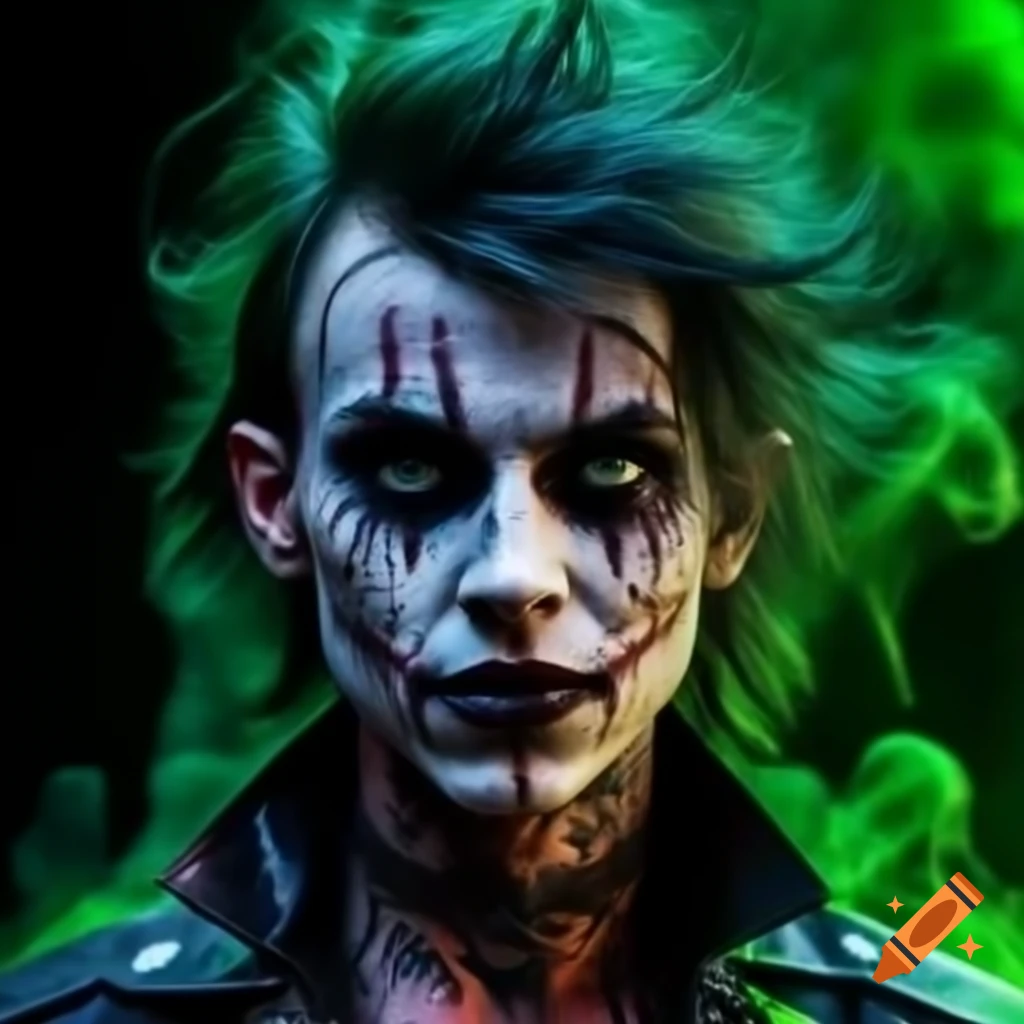 Psychedelic punk rock vampire with messy hair and face piercings against green smoke backdrop