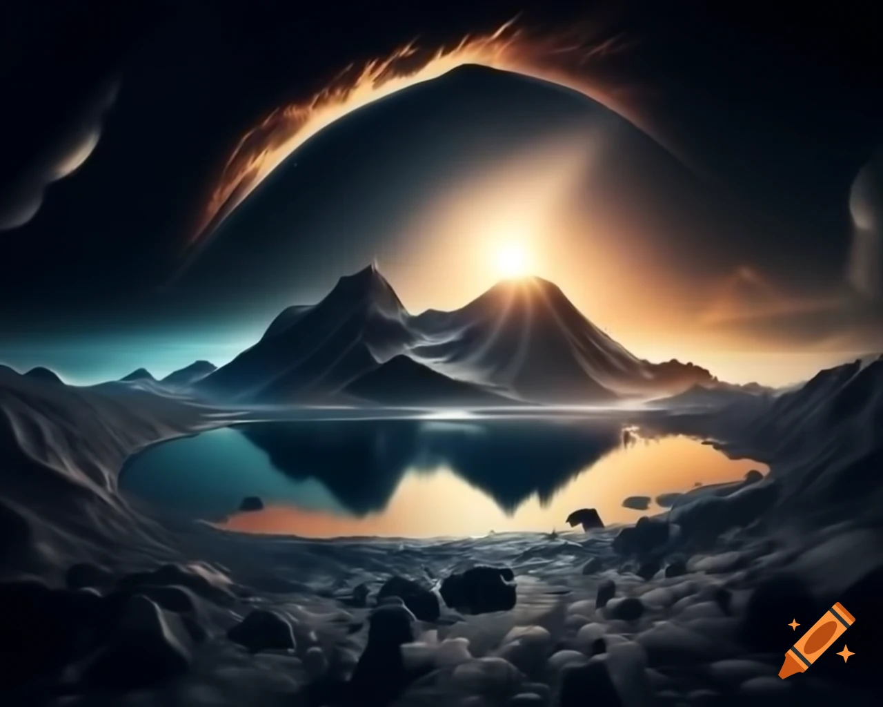 3D representation of mountain lake at sunset with sun rays and island