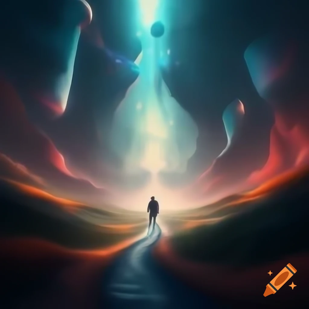 Person walking on winding path in a harmonious landscape blending physical and spiritual worlds