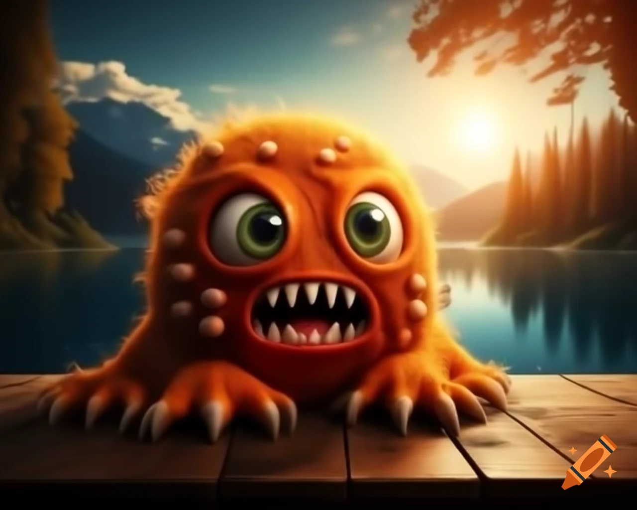 Photorealistic orange monster with human face sitting on wooden table in forest
