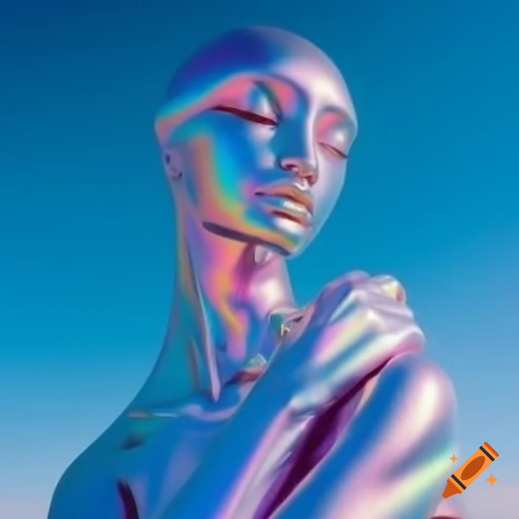 Iridescent statue against bright sky in pop surreal 2000's photography