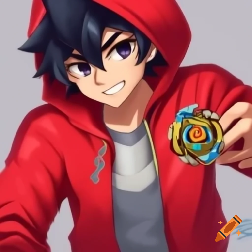 Man in red hoodie holding beyblade with ace of beyz logo