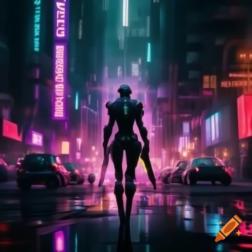 Cyborg warrior walking amid neon urban towers, glowing reflections