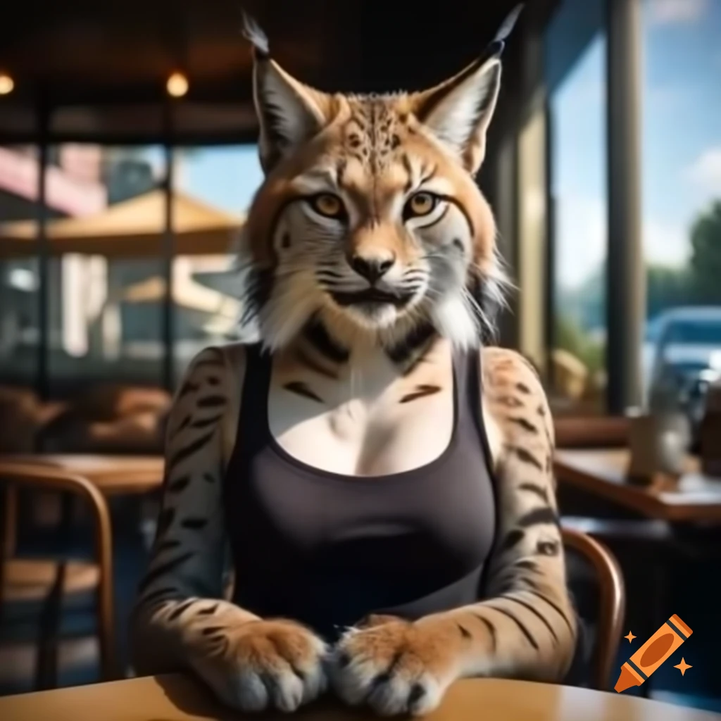 Female anthro lynx in casual attire sitting in café on sunny day
