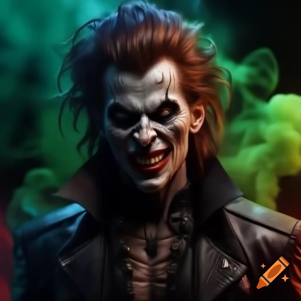 Psychedelic vampire with piercings and green smoke background, realistic style
