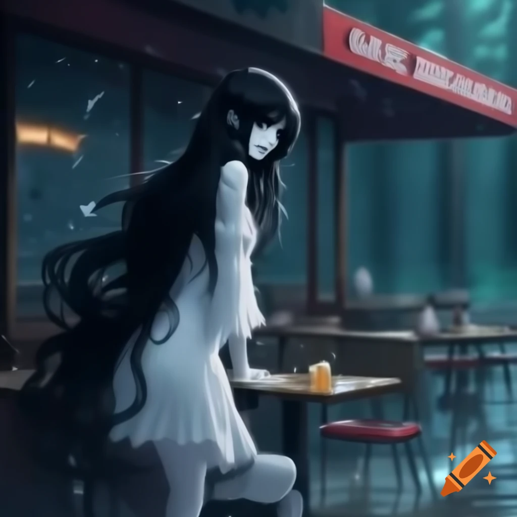 Goth anime ghost woman in white dress with flowing black hair in rain outside a diner