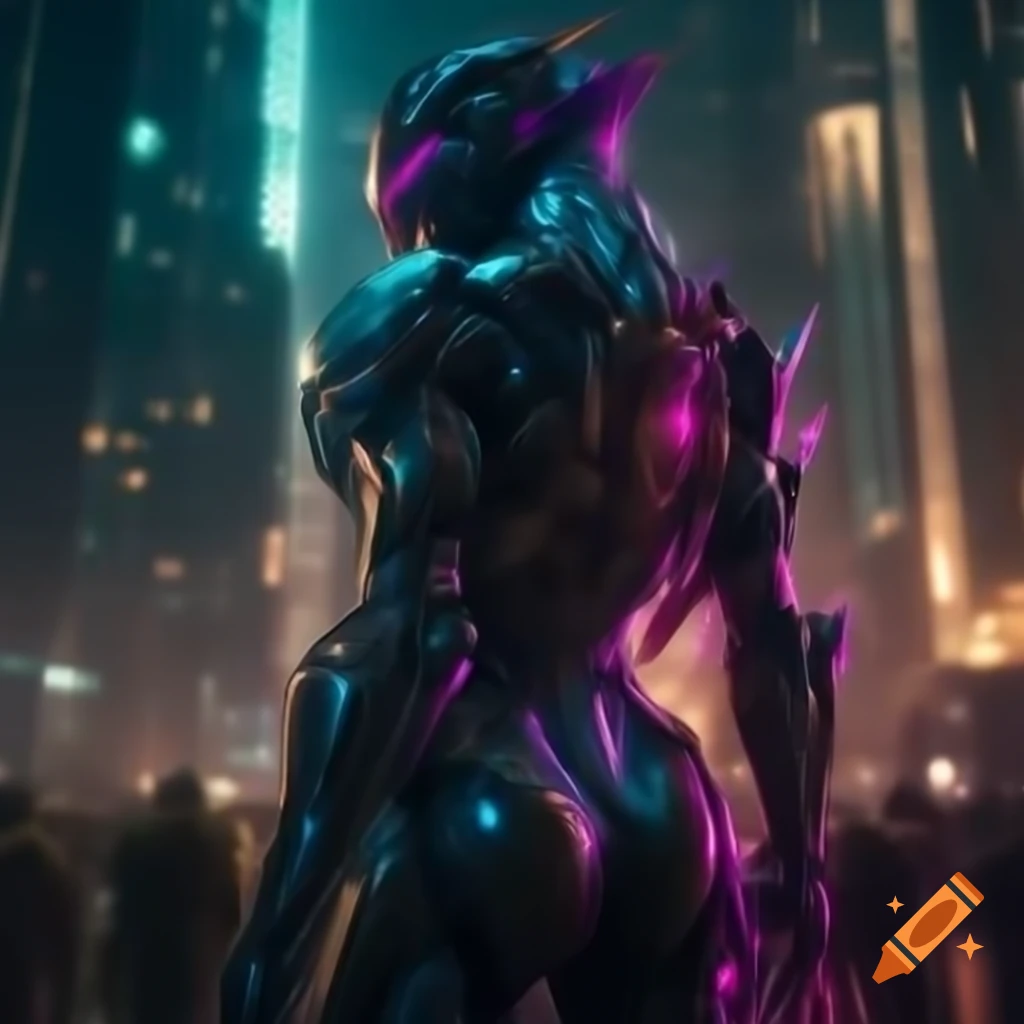 Futuristic warrior in cyborg armor in neon cityscape