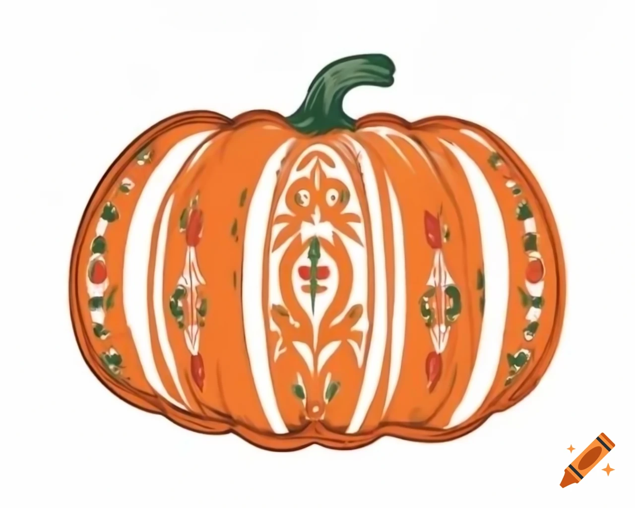 Thanksgiving pumpkin ornament decorated in autumn colors, watercolor storybook style