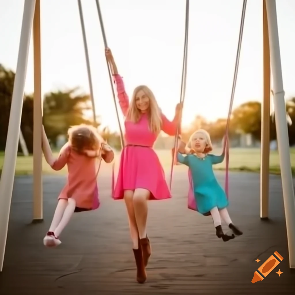 Carefree woman in pink dress swinging in playground with children