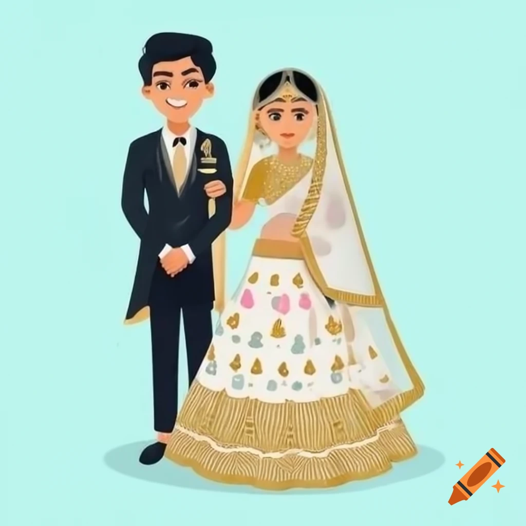 Cartoon illustration of Indian bride in lehenga and British groom holding hands