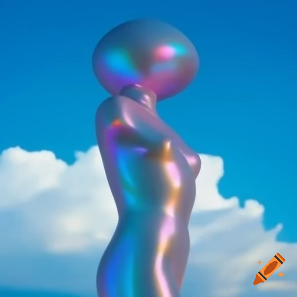 Iridescent statue against a bright sky in pop surreal 2000's style